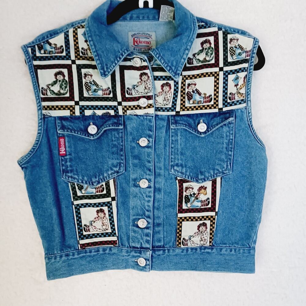 Vest Raggedy Ann Andy Applique Ki-ko-mo Denim Vest Button-Up Pockets Size L